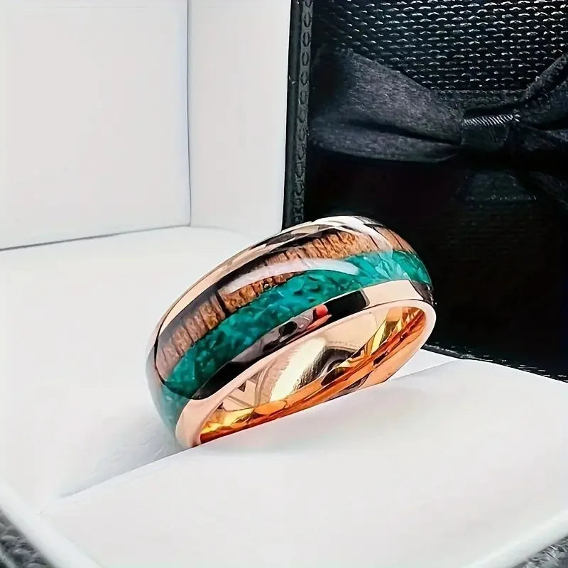 8MM Unique Stainless Steel Ring Wood & Turquoise Stone Inlay