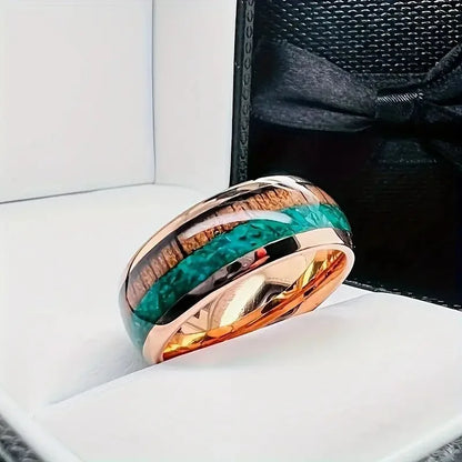 8MM Unique Stainless Steel Ring Wood & Turquoise Stone Inlay