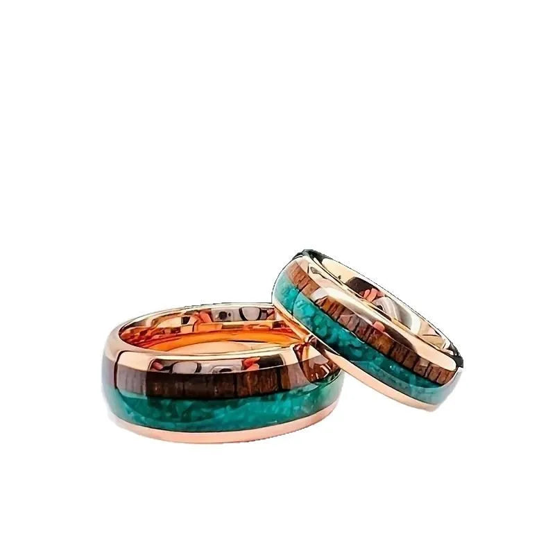 8MM Unique Stainless Steel Ring Wood & Turquoise Stone Inlay