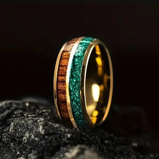 8MM Unique Stainless Steel Ring Wood & Turquoise Stone Inlay