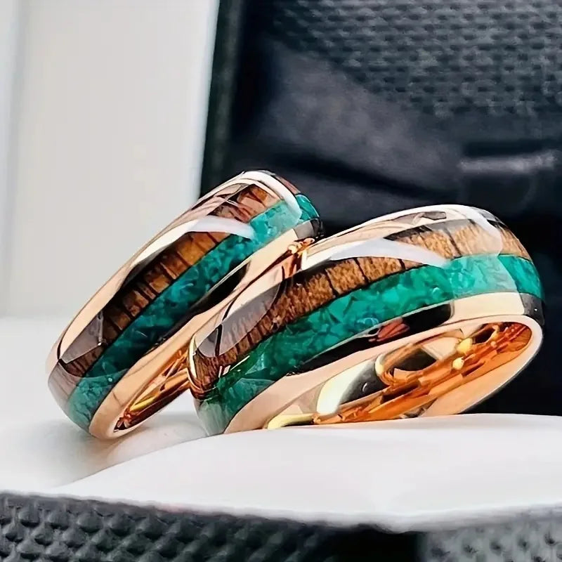 8MM Unique Stainless Steel Ring Wood & Turquoise Stone Inlay