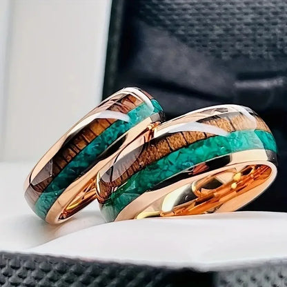 8MM Unique Stainless Steel Ring Wood & Turquoise Stone Inlay