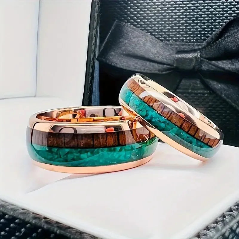 8MM Unique Stainless Steel Ring Wood & Turquoise Stone Inlay
